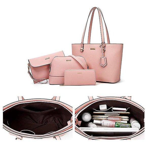 Women Fashion Synthetic Leather Handbags Tote Bag Shoulder Bag Pink - Picture 5 of 6